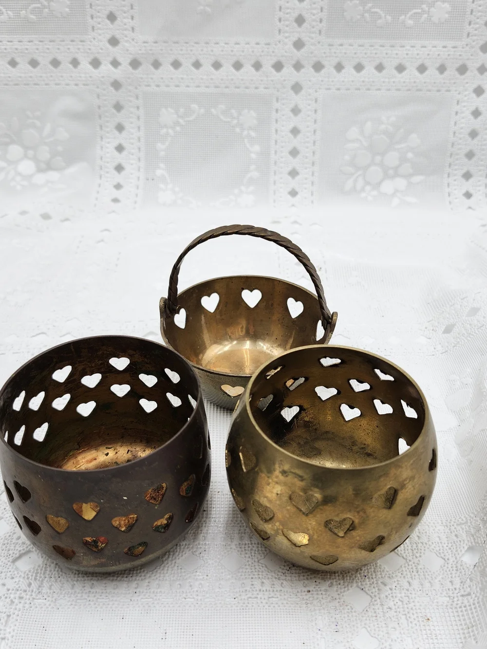lot of 3  Solid Brass Heart Cut Out Votive Candle Holder Tea Light